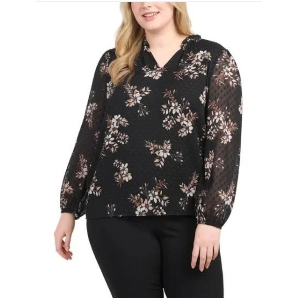 Hilary Radley Womens Blouse Floral V-Neck Long Sleeve Black CU3254L-419 Medium